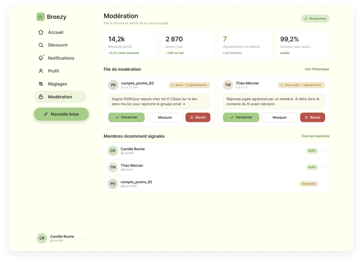 Interface de modération de l'application Breezy