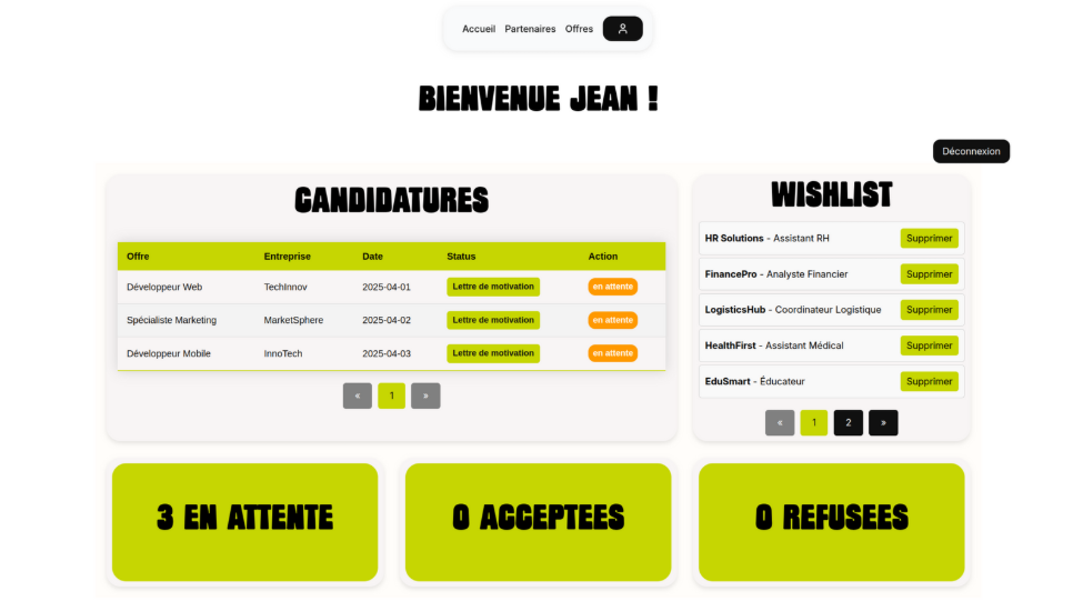 Tableau de bord utilisateur - Gestion des candidatures