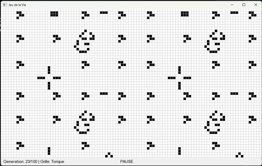 Interface graphique SFML du Jeu de la Vie avec grille torique et motifs complexes