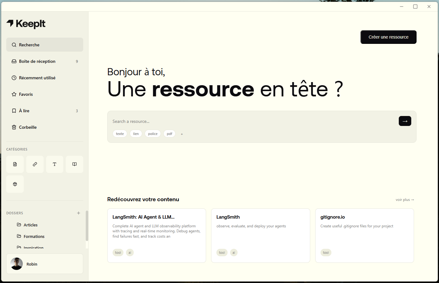 Écran d'accueil de l'application KeepIt